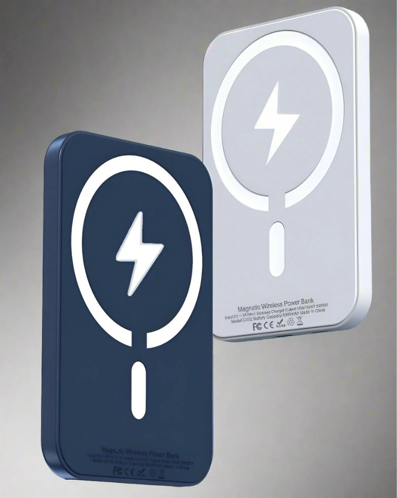 Two Magsafe iphone power banks, side by side, a blue magnetic portable charger, a white magnetic portable charger