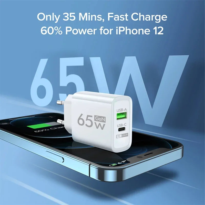 65W Fast Charger Adapter USB-C for iPhone, Android