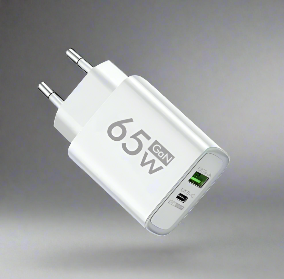 A 65 Watt Fast Charge Charging adapter with a USB-C port and USB-A port